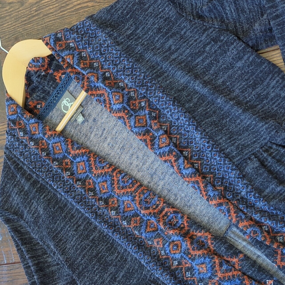 ANTHRO I Gray Boho Aztec Lightweight Open Front Cardigan by One September, S
